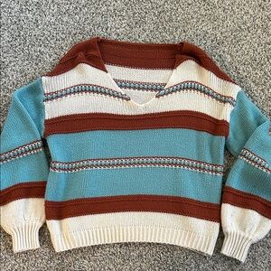 Striped V-Neck Sweater in Rust, Cream & Turquoise